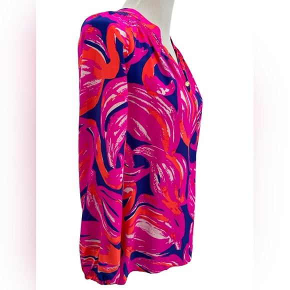 LILLY PULITZER ELSA Bomber Blue Plume Bloom Pink Orange silk top NWOT - Picture 5 of 13